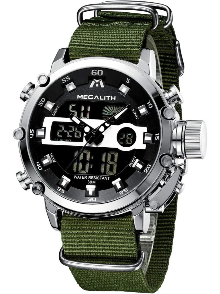 Mens Green And Silver Analog Nylon Strap Waterproof Multifunction Digital Watch